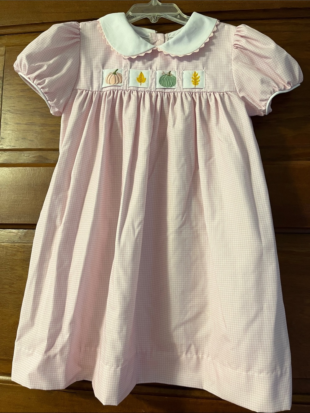 Girls' Pink Gingham Dress with Autumn Embroidered Motifs